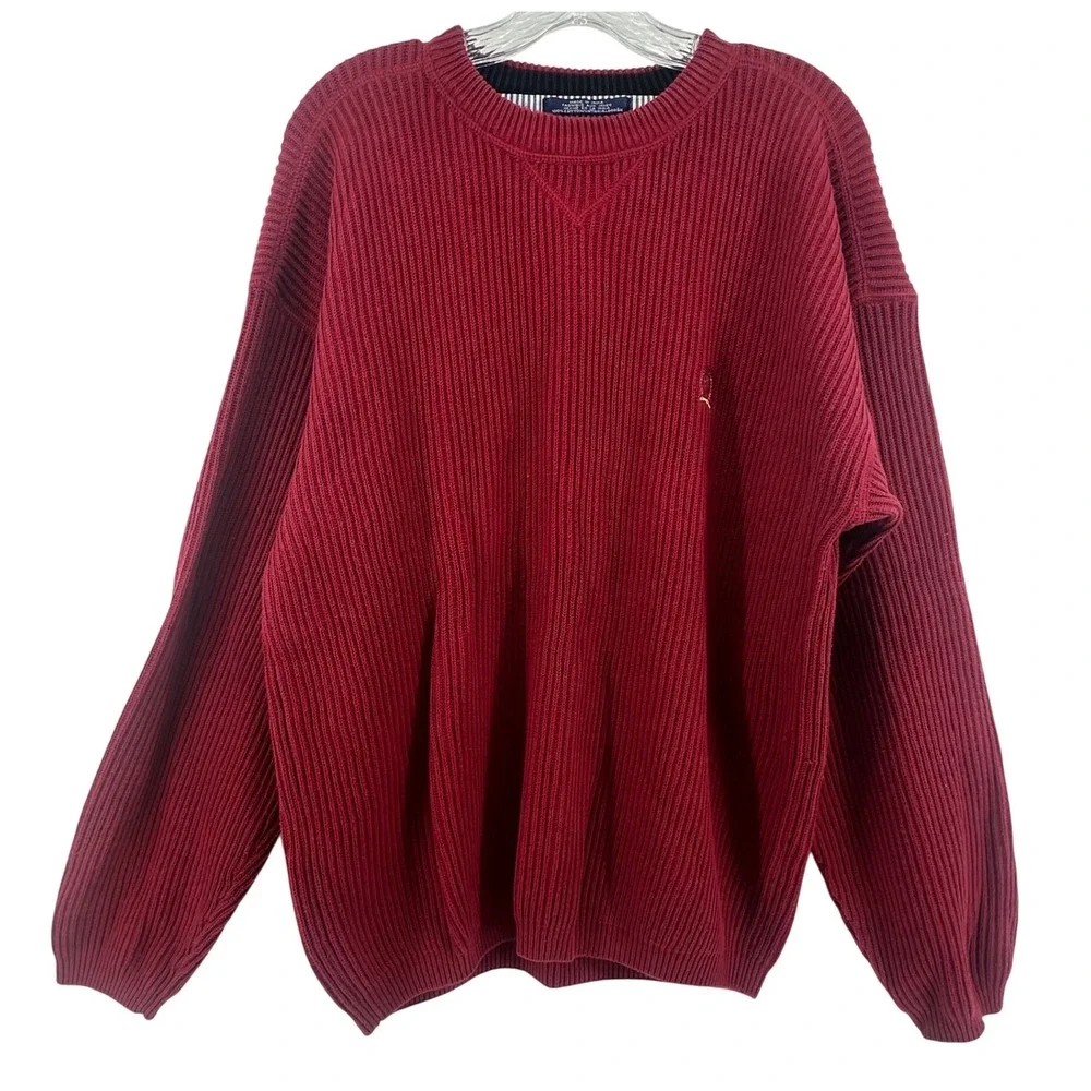 Vintage Y2K Tommy Hilfiger Sweater Mens M Red Ribbed Knit Crest‎ Logo Cotton